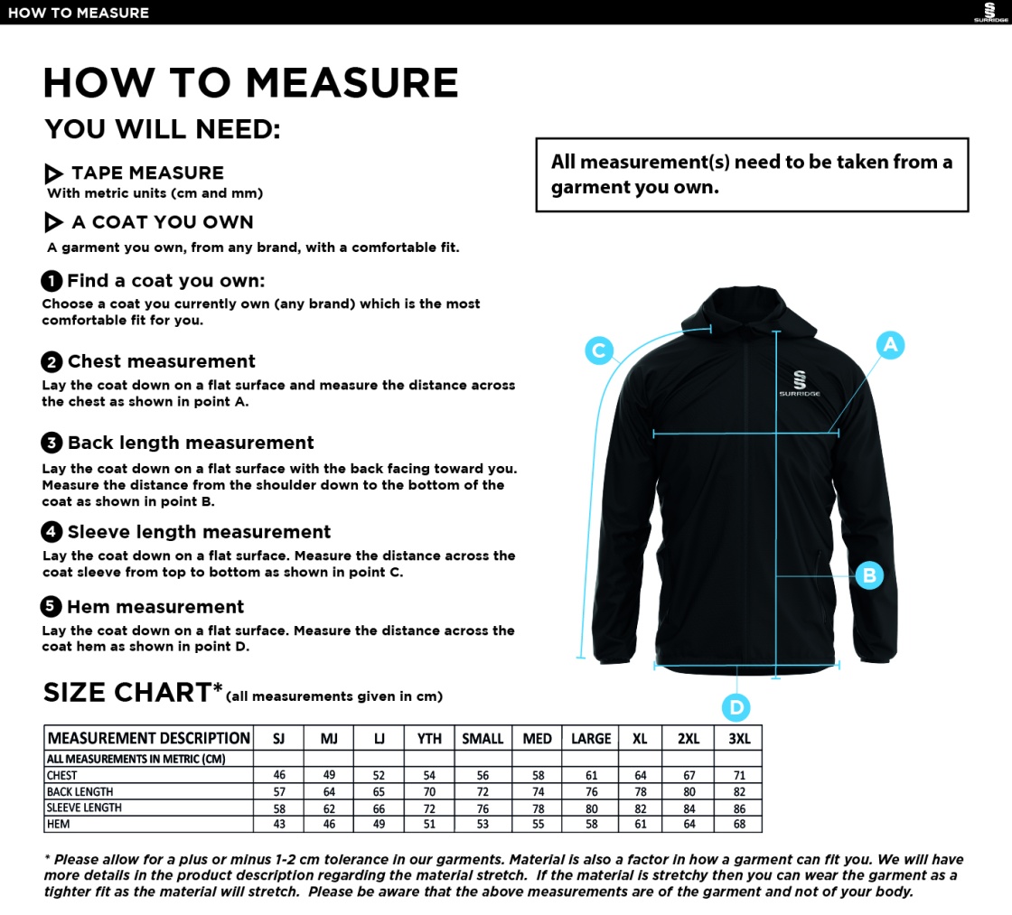 Golcar FC - Dual Elite 1/4 Zip Hoody / Rain Jacket - Unisex Fit - Size Guide