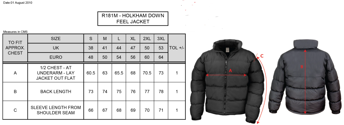 Golcar FC - Holkham Down Feel Jacket - Men's Fit - Size Guide