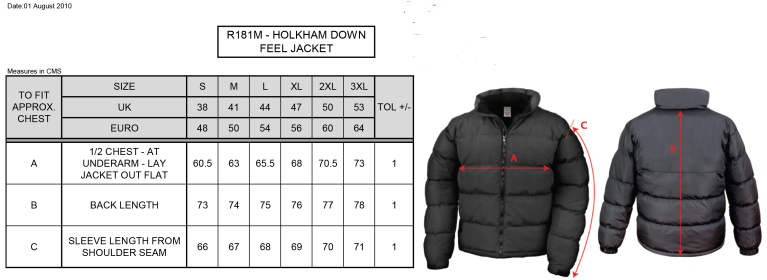 Golcar FC - Holkham Down Feel Jacket - Men's Fit - Size Guide