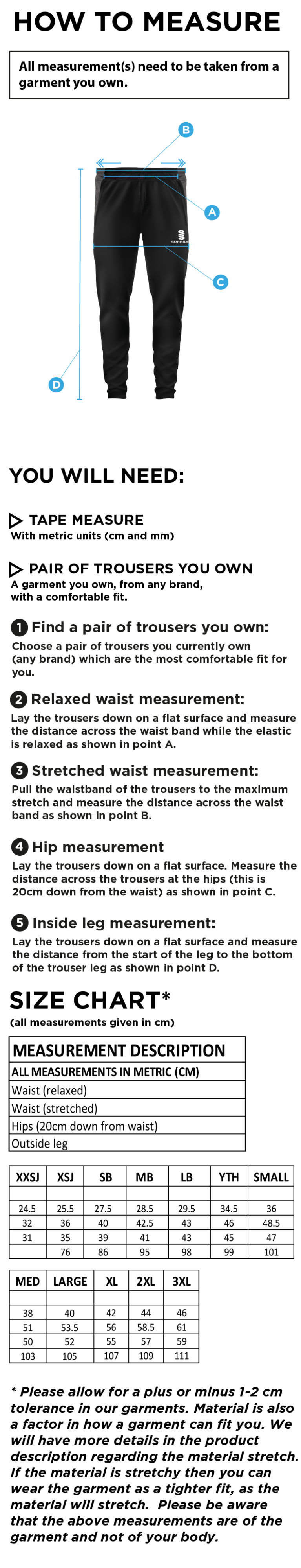 Golcar FC - Tek Slim Training Pants - Unisex Fit - Size Guide