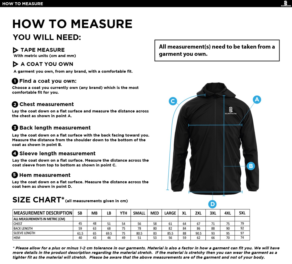 Golcar FC - Dual Full Zip Training Jacket - Unisex Fit - Size Guide