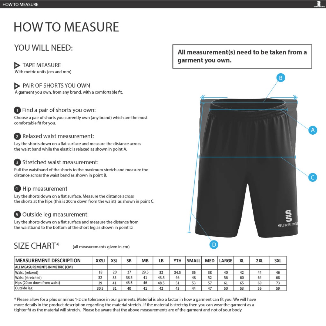 Golcar FC - Fuse Shorts - Unisex Fit - Size Guide
