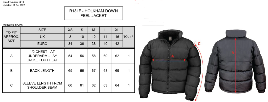 Golcar FC - Holkham Down Feel Jacket - Women's Fit - Size Guide