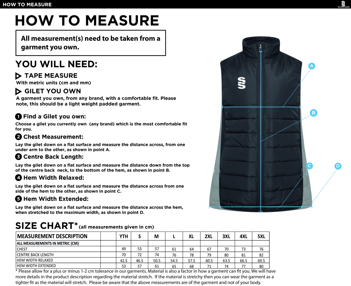 Golcar FC - Active Gilet - Unisex Fit - Size Guide