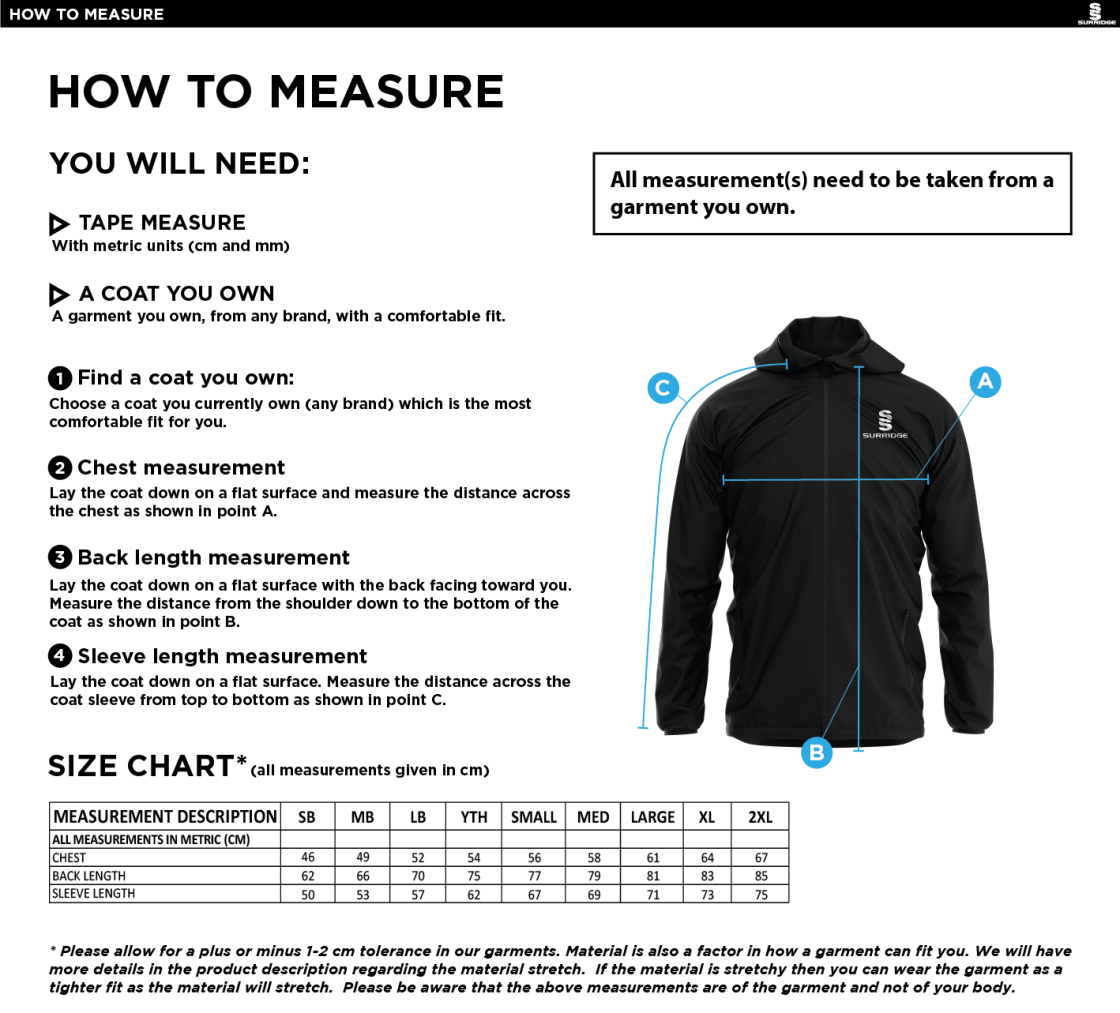 Golcar FC - Dual Elite 1/4 Zip Hoody / Rain Jacket - Unisex Fit - Size Guide