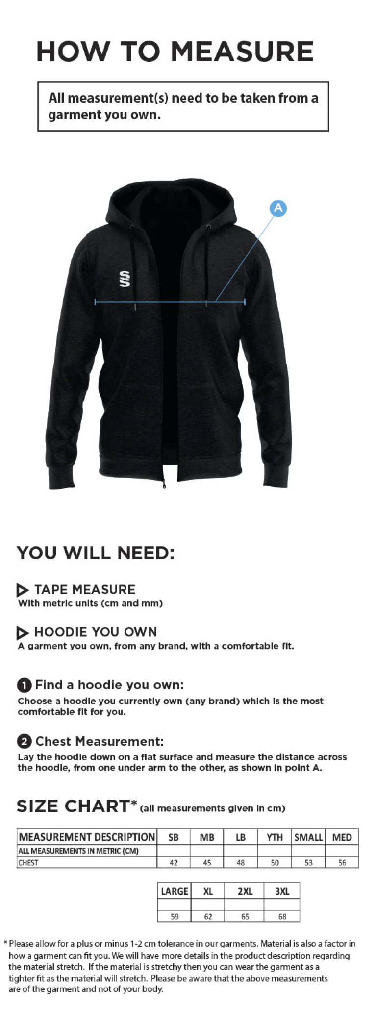 Golcar FC - Dual Full-Zip Hoodie - Men's Fit - Size Guide