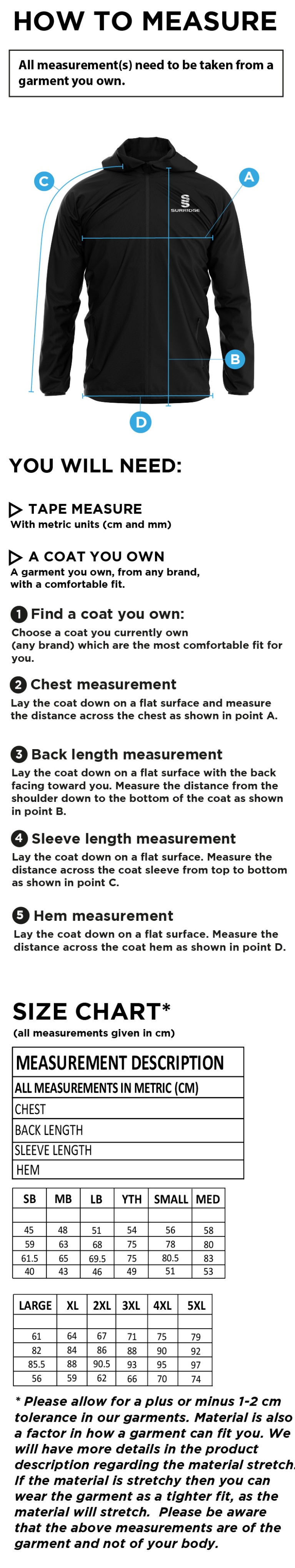 Golcar FC - Dual Full Zip Training Jacket - Unisex Fit - Size Guide