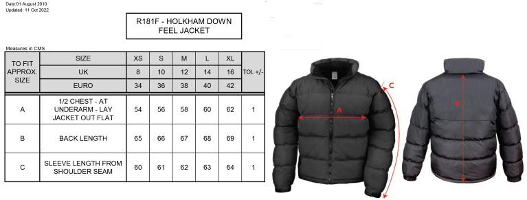 Golcar FC - Holkham Down Feel Jacket - Women's Fit - Size Guide