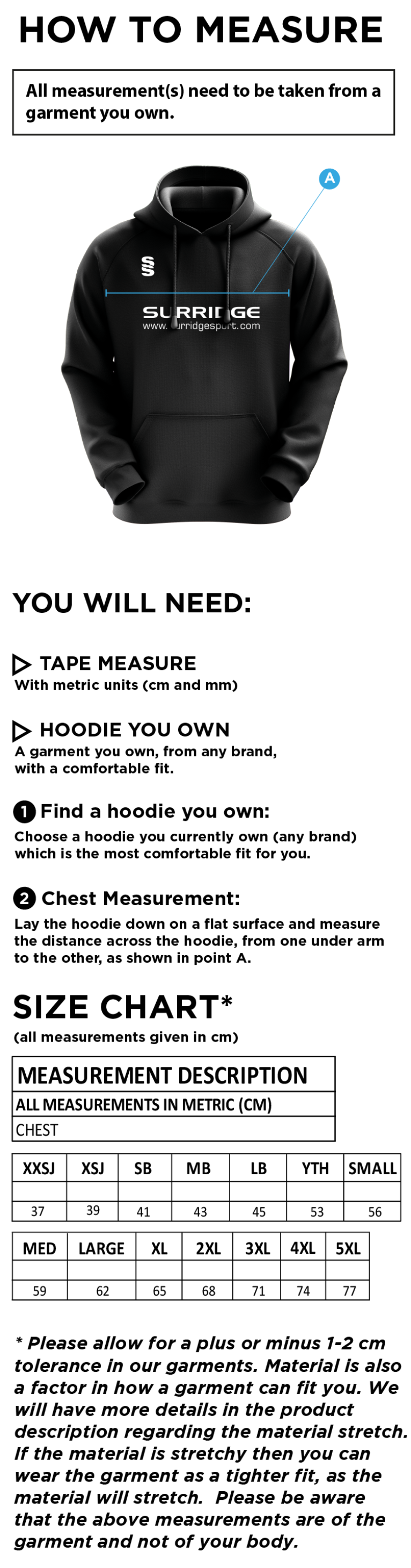 Golcar FC - Fuse Hoody - Unisex FIt - Size Guide