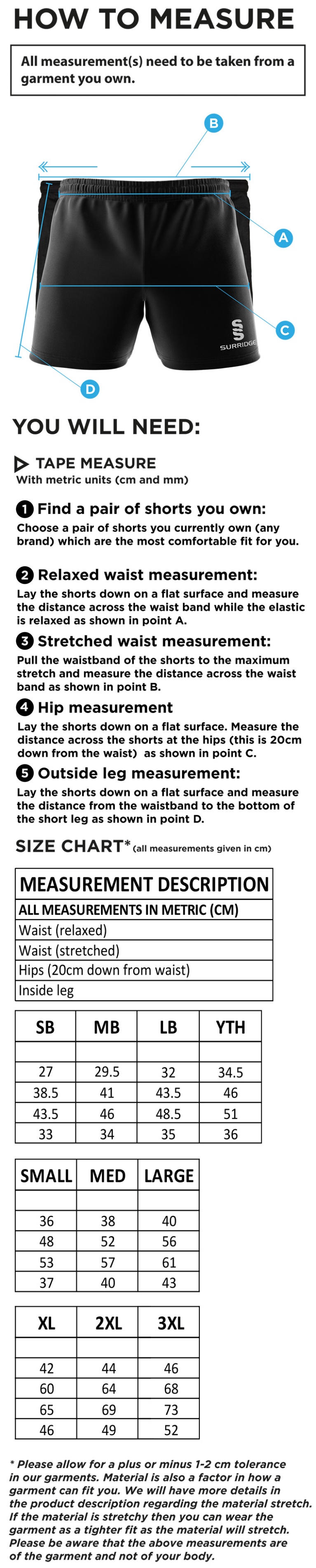 Golcar FC - Performance Gym Short - Unisex Fit - Size Guide