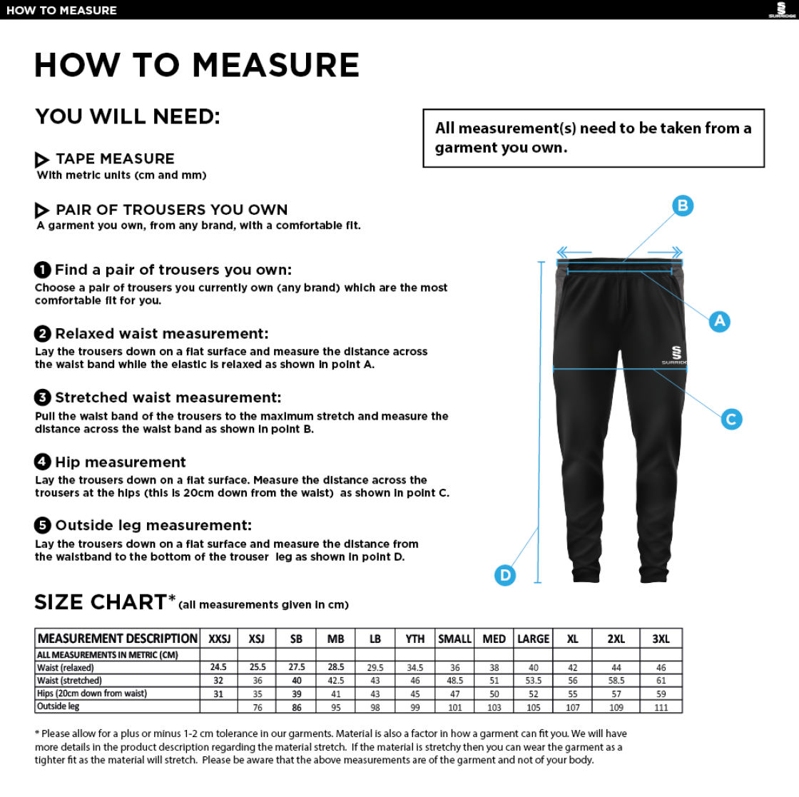 Golcar FC - Tek Slim Training Pants - Unisex Fit - Size Guide