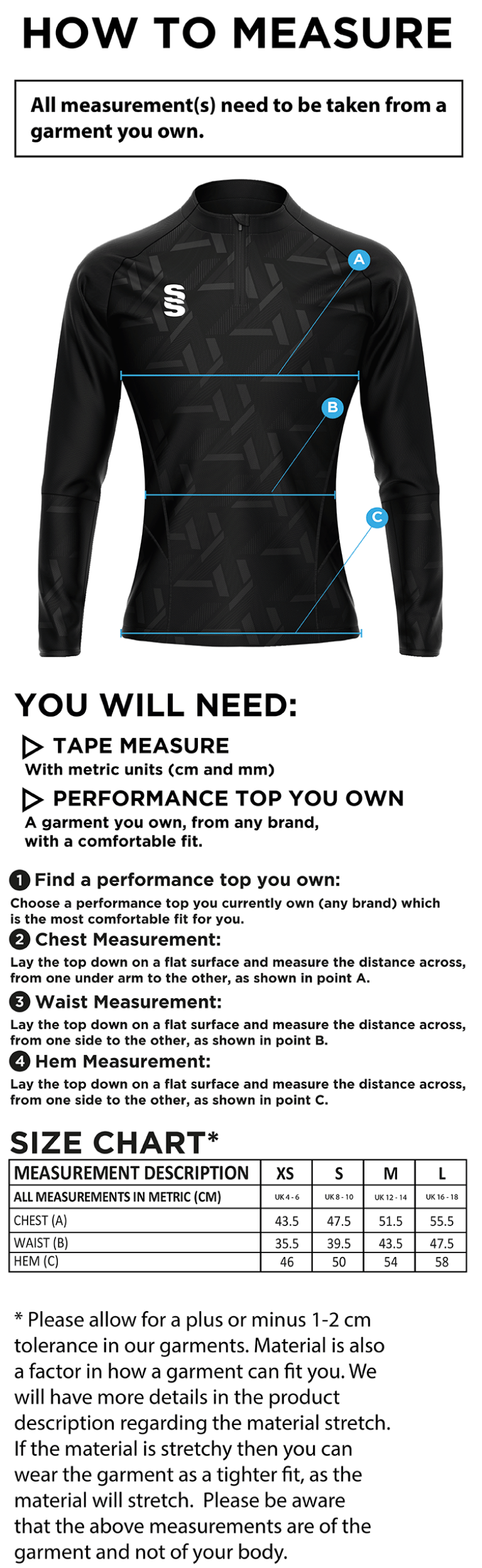 Golcar FC - Impact 1/4 Zip Performance Top - Women's Fit - Size Guide