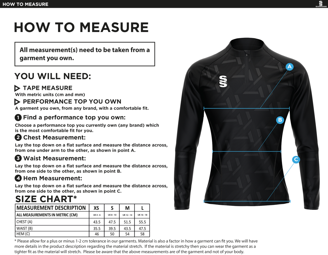 Golcar FC - Impact 1/4 Zip Performance Top - Women's Fit - Size Guide