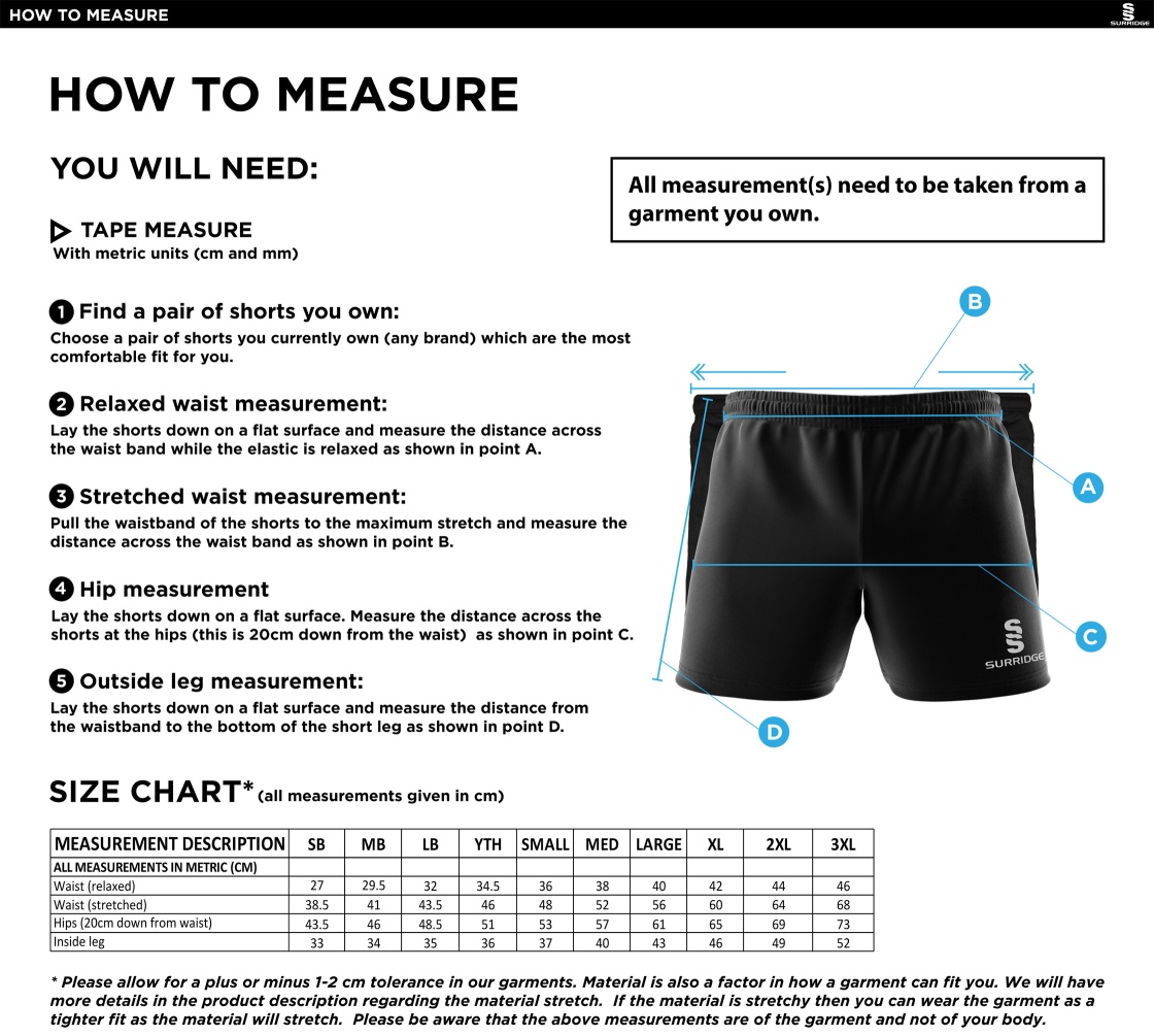 Golcar FC - Performance Gym Short - Unisex Fit - Size Guide