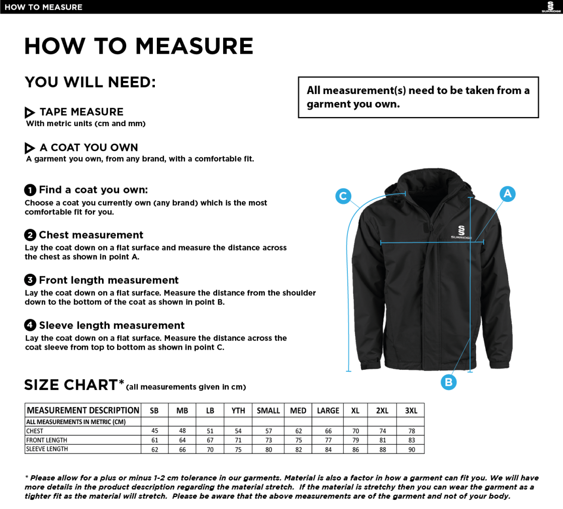 Golcar FC - Dual Fleece Lined Jacket - Unisex Fit - Size Guide