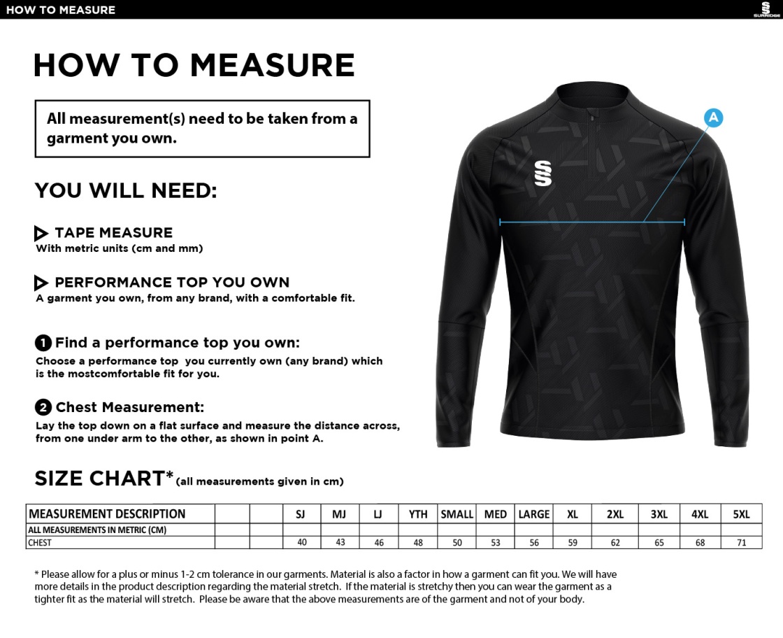 Golcar FC - Impact 1/4 Zip Performance Top - Men's Fit - Size Guide